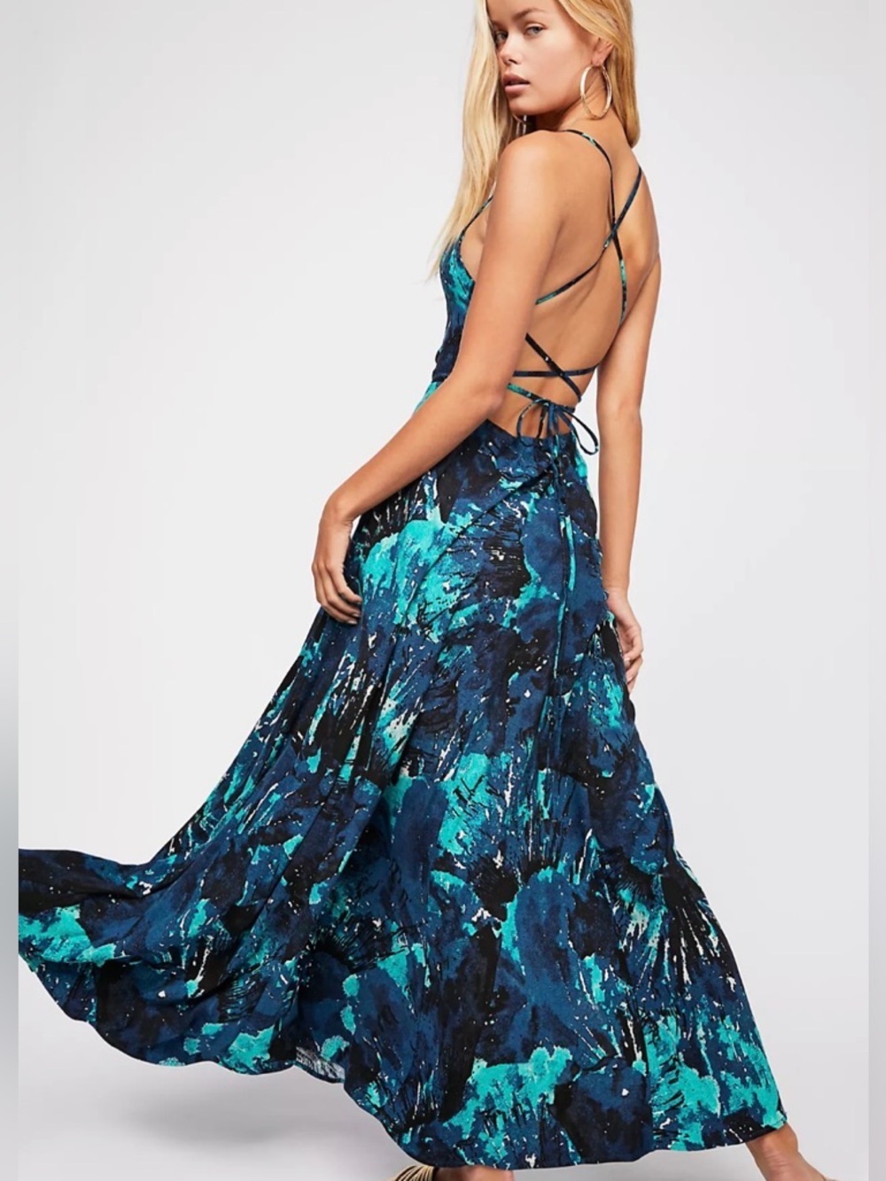 NWOT Free People Nellie Printed Maxi Dress Open Back Lace-Up Blue Lagoon Print